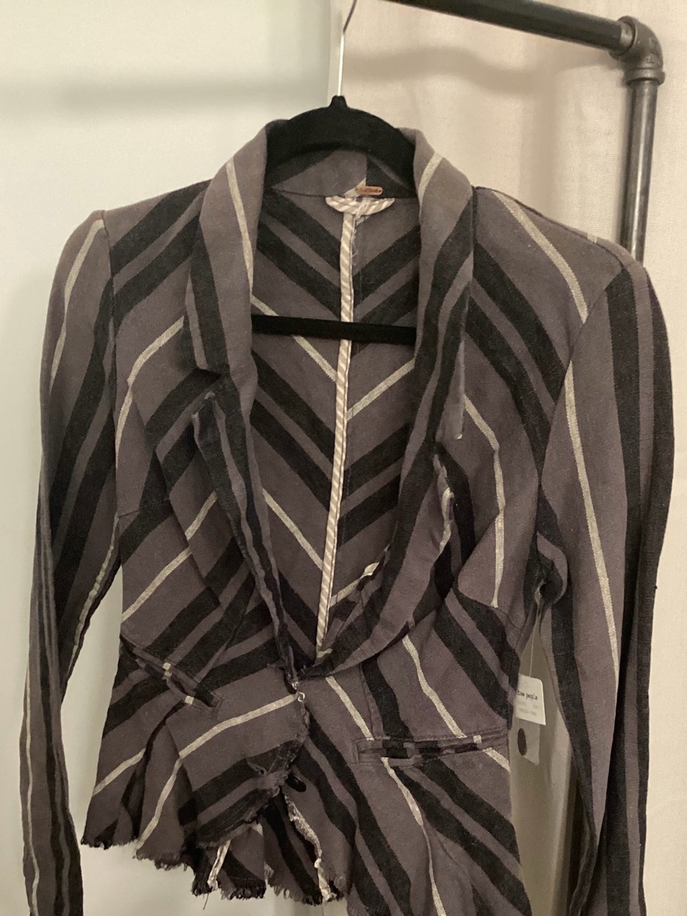 FREE PEOPLE F042J931 Charcoal Combo Stripe Yarn Dye Linen Blazer FLAW Sz UNK